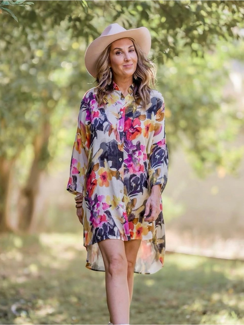 Button-Front Floral Swim Cover-Up Dress in Multicolor